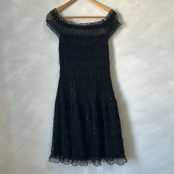 Nine West vintage y2k dress ruched mesh ruffle tiered sequins off the shoulder - Picture 7 of 10